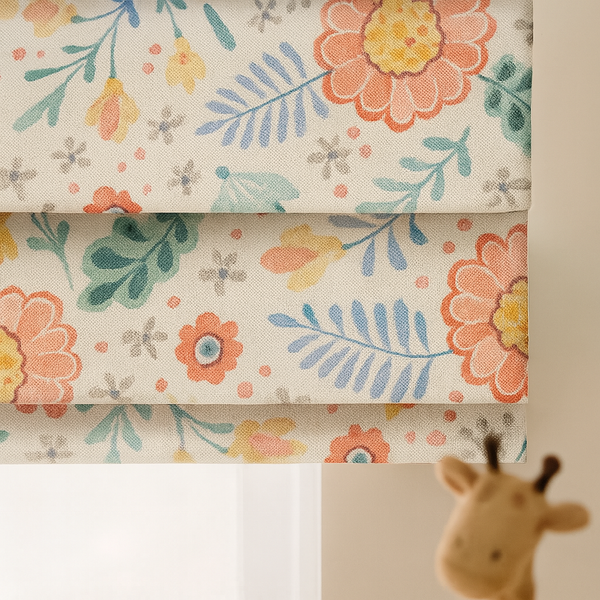 Floral Printed Pure Linen Roman Blind for Kids Room or Nursery – Custom Size – Light Filtering or 100% Blackout Lining