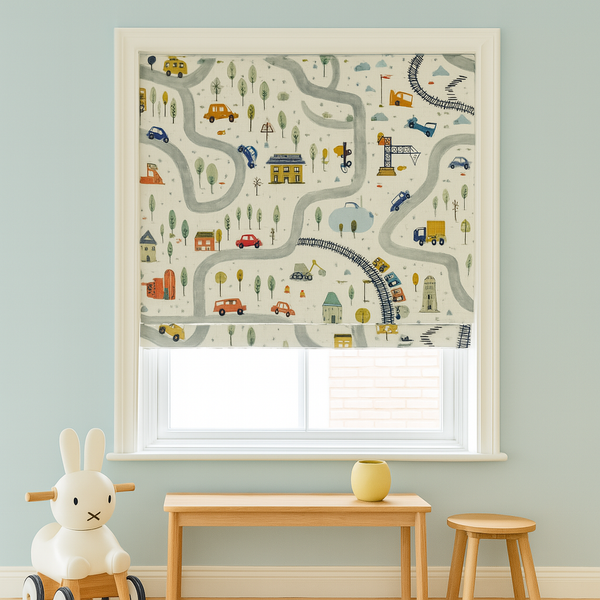 Road & Transport Pattern Pure Linen Roman Blind for Kids Room or Nursery – Custom Size, Light Filtering or 100% Blackout Lined