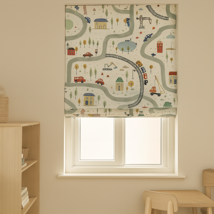Road & Transport Pattern Pure Linen Roman Blind for Kids Room or Nursery – Custom Size, Light Filtering or 100% Blackout Lined