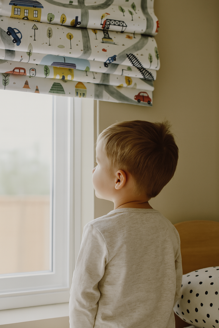 Road & Transport Pattern Pure Linen Roman Blind for Kids Room or Nursery – Custom Size, Light Filtering or 100% Blackout Lined
