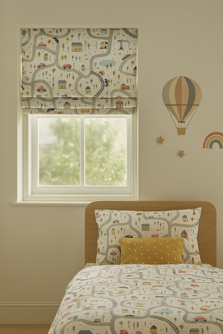 Road & Transport Pattern Pure Linen Roman Blind for Kids Room or Nursery – Custom Size, Light Filtering or 100% Blackout Lined