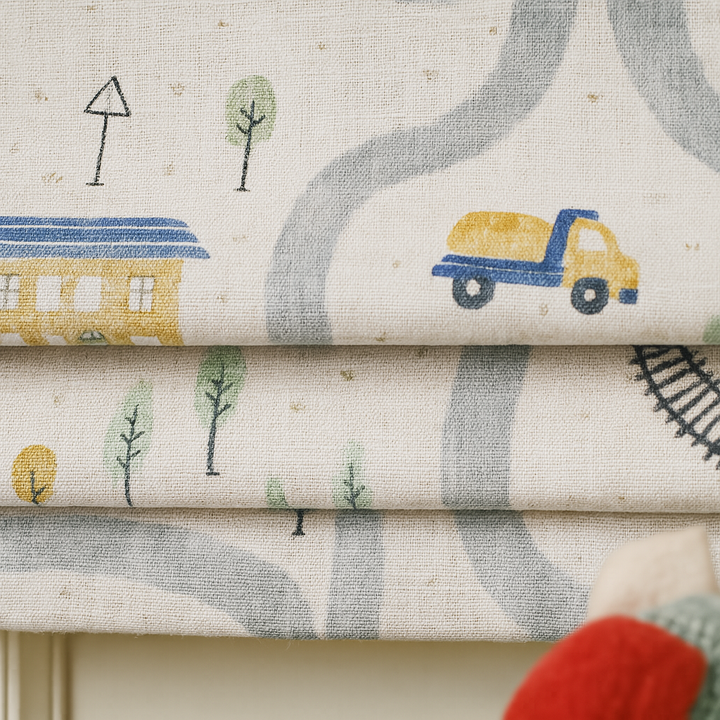 Road & Transport Pattern Pure Linen Roman Blind for Kids Room or Nursery – Custom Size, Light Filtering or 100% Blackout Lined
