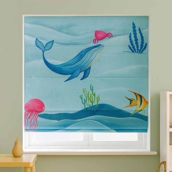 Underwater Ocean Print Pure Linen Roman Blind for Kids Room or Nursery – Custom Size, Light Filtering or 100% Blackout Liner, Recess or Wall Mount – Handmade