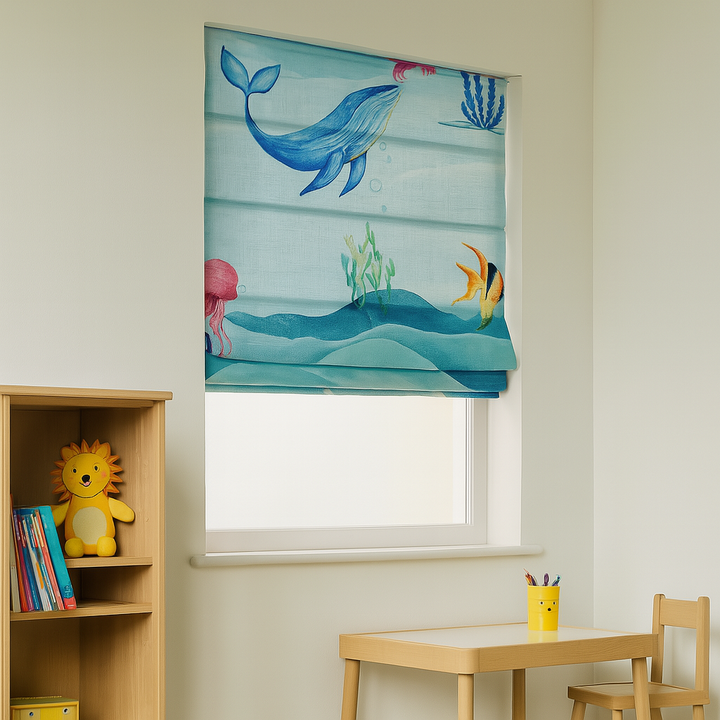 Underwater Ocean Print Pure Linen Roman Blind for Kids Room or Nursery – Custom Size, Light Filtering or 100% Blackout Liner, Recess or Wall Mount – Handmade