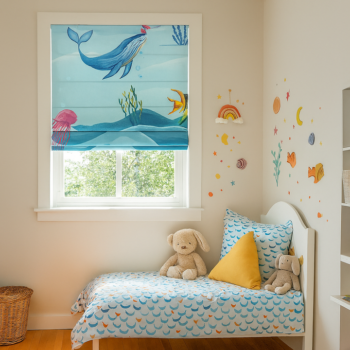 Underwater Ocean Print Pure Linen Roman Blind for Kids Room or Nursery – Custom Size, Light Filtering or 100% Blackout Liner, Recess or Wall Mount – Handmade