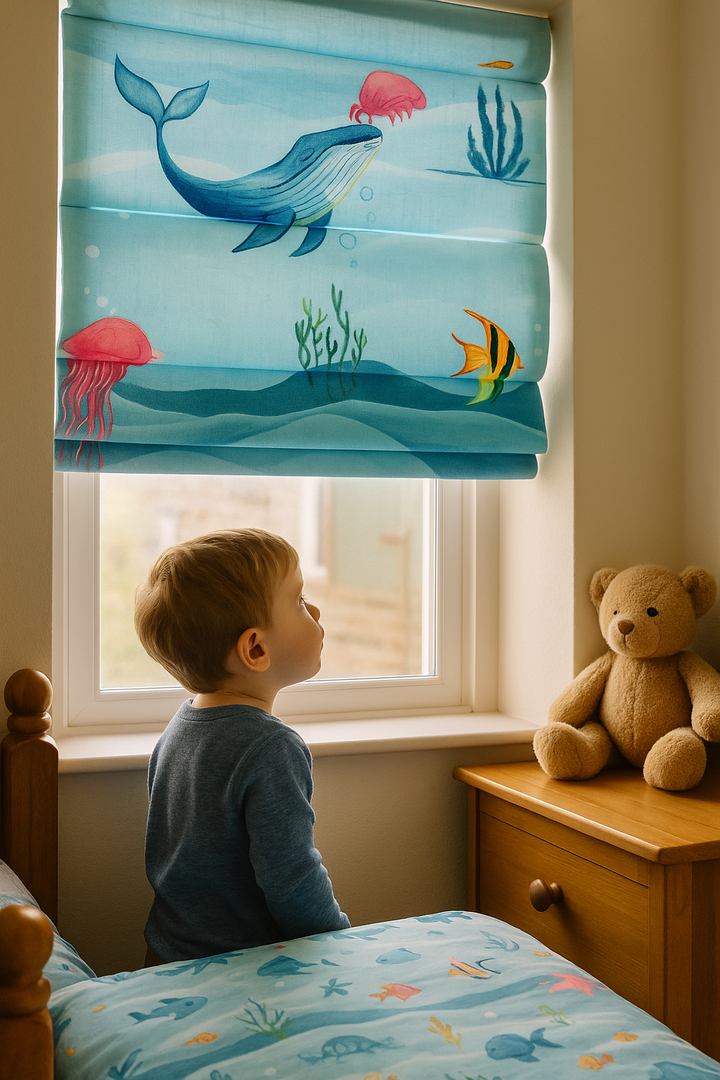 Underwater Ocean Print Pure Linen Roman Blind for Kids Room or Nursery – Custom Size, Light Filtering or 100% Blackout Liner, Recess or Wall Mount – Handmade