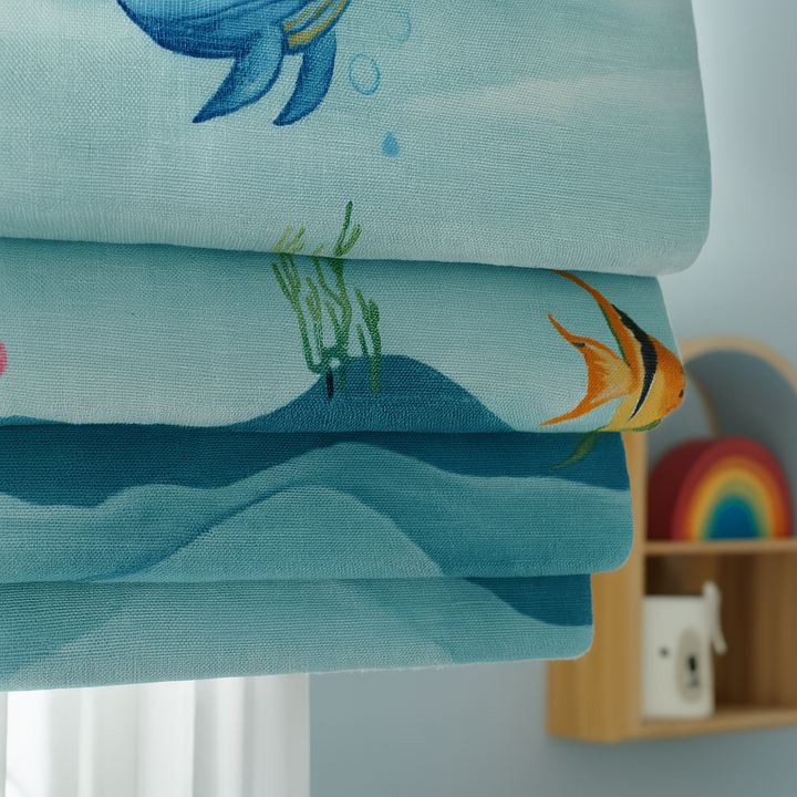 Underwater Ocean Print Pure Linen Roman Blind for Kids Room or Nursery – Custom Size, Light Filtering or 100% Blackout Liner, Recess or Wall Mount – Handmade