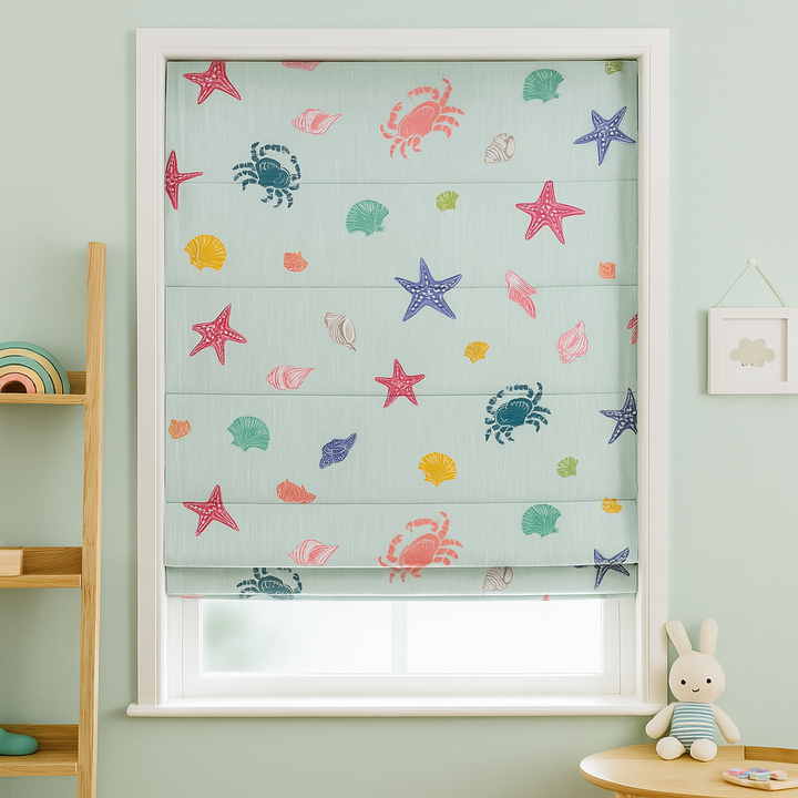 Sea Shells and Crabs Print Pure Linen Roman Blind – Kids Room & Nursery – Custom Size with Blackout or Light Filtering Liner – Inside or Outside Recess