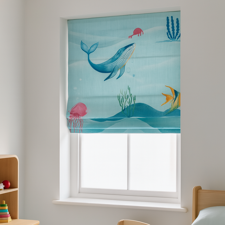 Underwater Ocean Print Pure Linen Roman Blind for Kids Room or Nursery – Custom Size, Light Filtering or 100% Blackout Liner, Recess or Wall Mount – Handmade