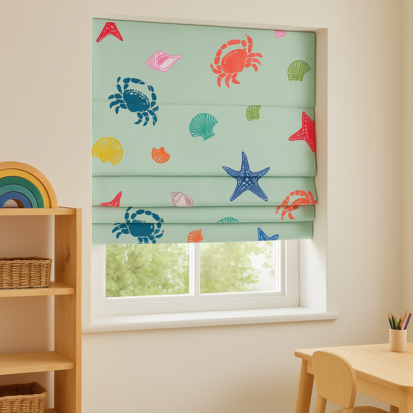 Sea Shells and Crabs Print Pure Linen Roman Blind – Kids Room & Nursery – Custom Size with Blackout or Light Filtering Liner – Inside or Outside Recess