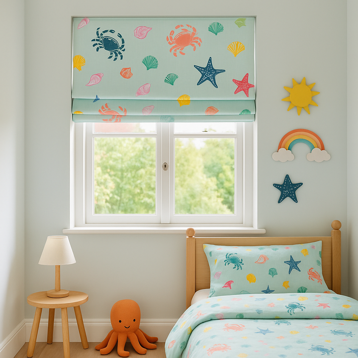 Sea Shells and Crabs Print Pure Linen Roman Blind – Kids Room & Nursery – Custom Size with Blackout or Light Filtering Liner – Inside or Outside Recess