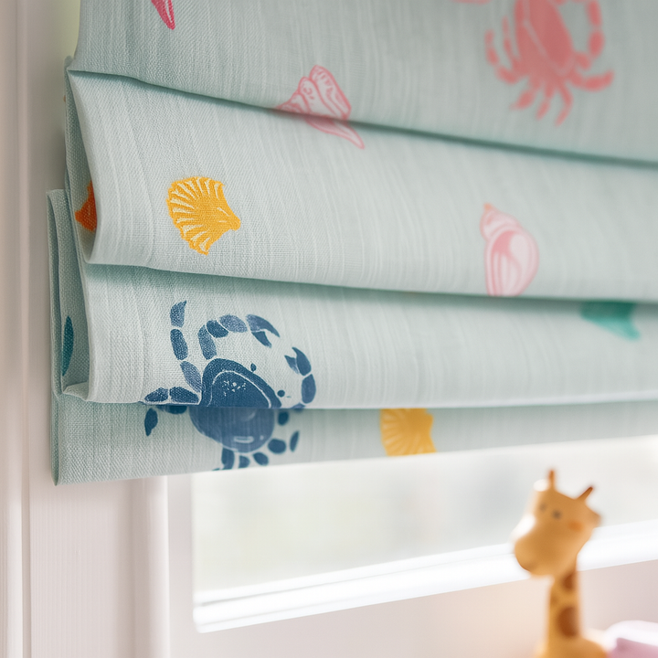 Sea Shells and Crabs Print Pure Linen Roman Blind – Kids Room & Nursery – Custom Size with Blackout or Light Filtering Liner – Inside or Outside Recess