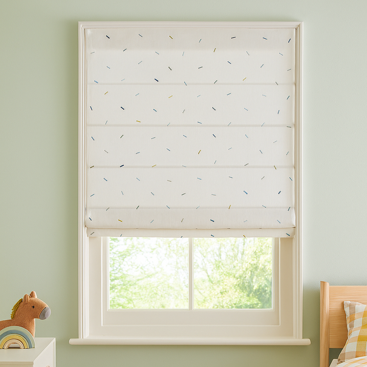Multicolour Sprinkle Embroidered Pure Linen Roman Blind for Kids Room & Nursery – Custom Made with Blackout or Light Filtering Liner – Inside or Outside Mount
