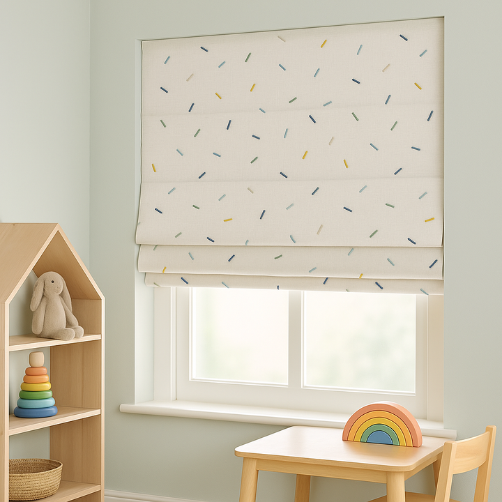 Multicolour Sprinkle Embroidered Pure Linen Roman Blind for Kids Room & Nursery – Custom Made with Blackout or Light Filtering Liner – Inside or Outside Mount