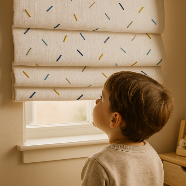 Multicolour Sprinkle Embroidered Pure Linen Roman Blind for Kids Room & Nursery – Custom Made with Blackout or Light Filtering Liner – Inside or Outside Mount