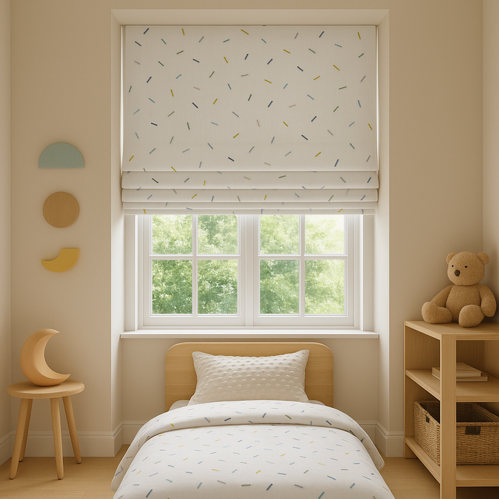 Multicolour Sprinkle Embroidered Pure Linen Roman Blind for Kids Room & Nursery – Custom Made with Blackout or Light Filtering Liner – Inside or Outside Mount