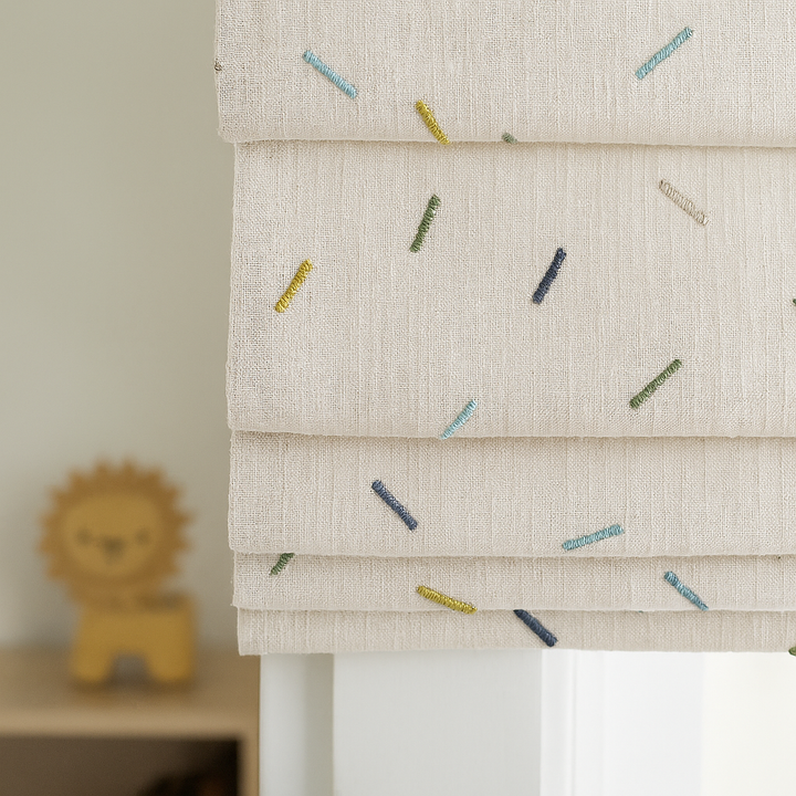 Multicolour Sprinkle Embroidered Pure Linen Roman Blind for Kids Room & Nursery – Custom Made with Blackout or Light Filtering Liner – Inside or Outside Mount