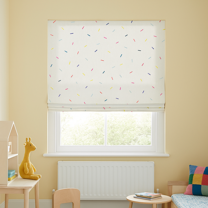 Pure Linen Rainbow Sprinkles Roman Blind for Kids Room & Nursery – Custom Size, Blackout or Light Filtering, Recess or Wall Fit