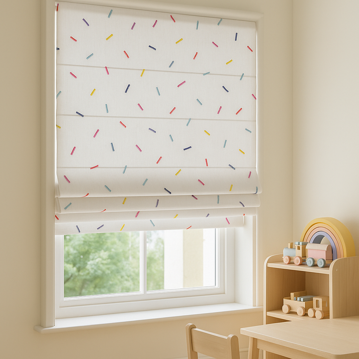 Pure Linen Rainbow Sprinkles Roman Blind for Kids Room & Nursery – Custom Size, Blackout or Light Filtering, Recess or Wall Fit