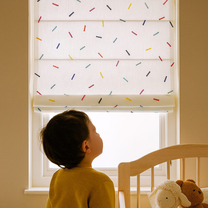 Pure Linen Rainbow Sprinkles Roman Blind for Kids Room & Nursery – Custom Size, Blackout or Light Filtering, Recess or Wall Fit