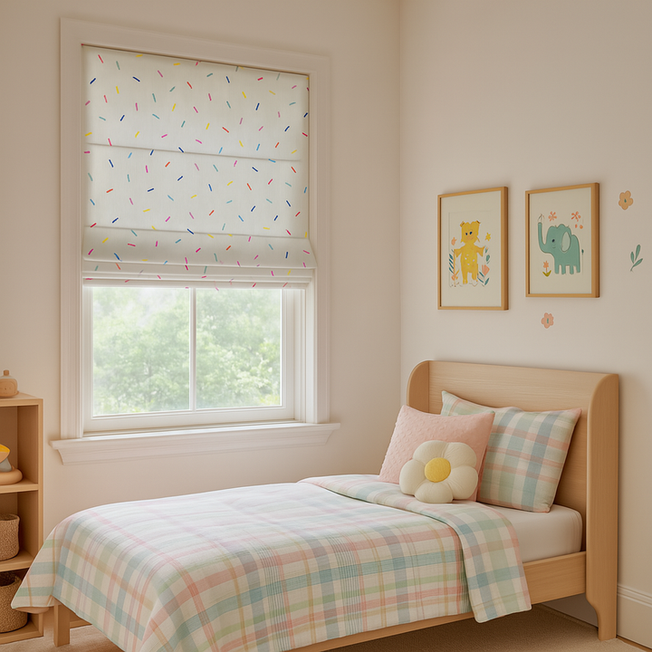 Pure Linen Rainbow Sprinkles Roman Blind for Kids Room & Nursery – Custom Size, Blackout or Light Filtering, Recess or Wall Fit