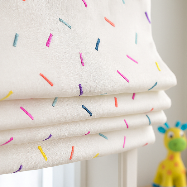 Pure Linen Rainbow Sprinkles Roman Blind for Kids Room & Nursery – Custom Size, Blackout or Light Filtering, Recess or Wall Fit