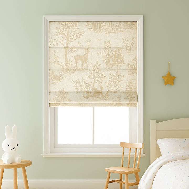 Woodland Animals Pure Linen Roman Blind for Kids Room or Nursery – Custom Size – Light Filtering or Blackout Liner – Handmade