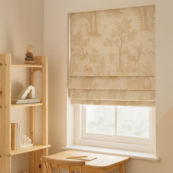 Woodland Animals Pure Linen Roman Blind for Kids Room or Nursery – Custom Size – Light Filtering or Blackout Liner – Handmade