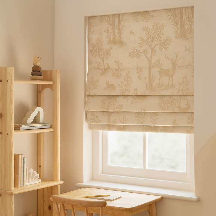 Woodland Animals Pure Linen Roman Blind for Kids Room or Nursery – Custom Size – Light Filtering or Blackout Liner – Handmade