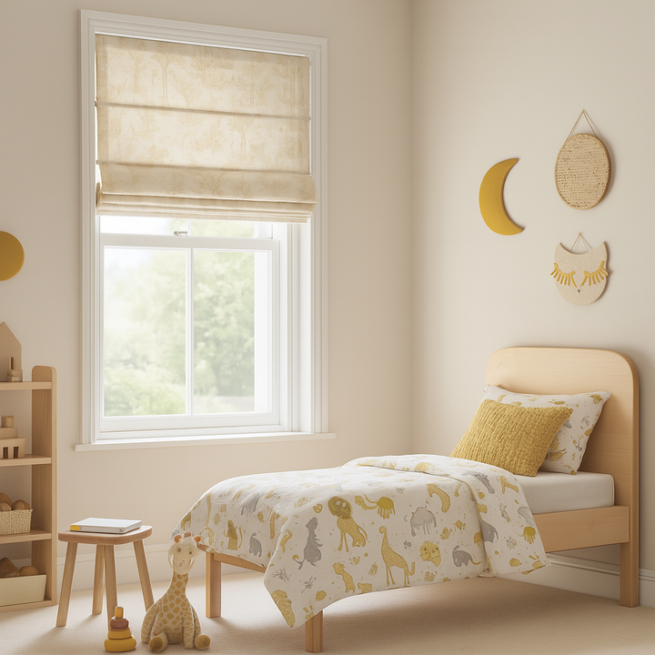 Woodland Animals Pure Linen Roman Blind for Kids Room or Nursery – Custom Size – Light Filtering or Blackout Liner – Handmade