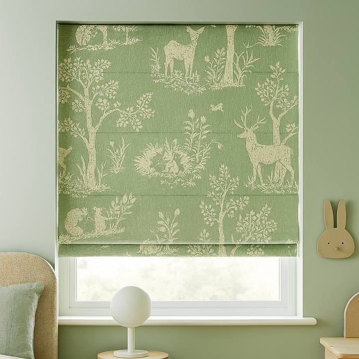 Woodland Sage Green Pure Linen Roman Blind – Made-to-Measure | Light-Filtering & Blackout Options | Kids’ Bedroom & Nursery