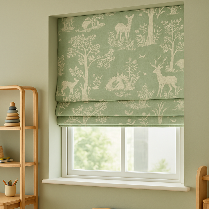 Woodland Sage Green Pure Linen Roman Blind – Made-to-Measure | Light-Filtering & Blackout Options | Kids’ Bedroom & Nursery