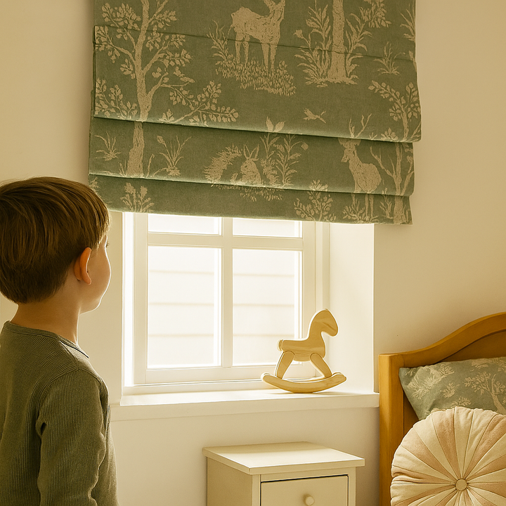 Woodland Sage Green Pure Linen Roman Blind – Made-to-Measure | Light-Filtering & Blackout Options | Kids’ Bedroom & Nursery