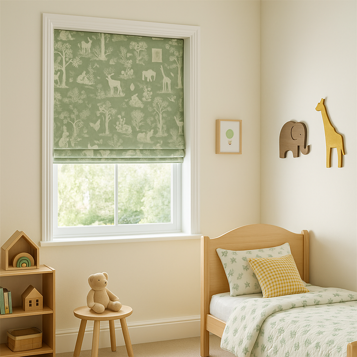 Woodland Sage Green Pure Linen Roman Blind – Made-to-Measure | Light-Filtering & Blackout Options | Kids’ Bedroom & Nursery