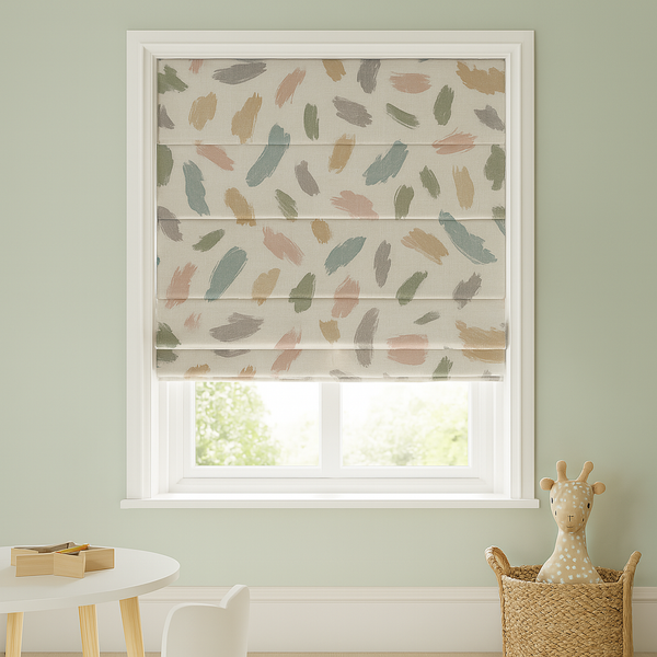 Pastel Brushstroke Pure Linen Roman Blind – Made-to-Measure Kids & Nursery | Light-Filter or Blackout