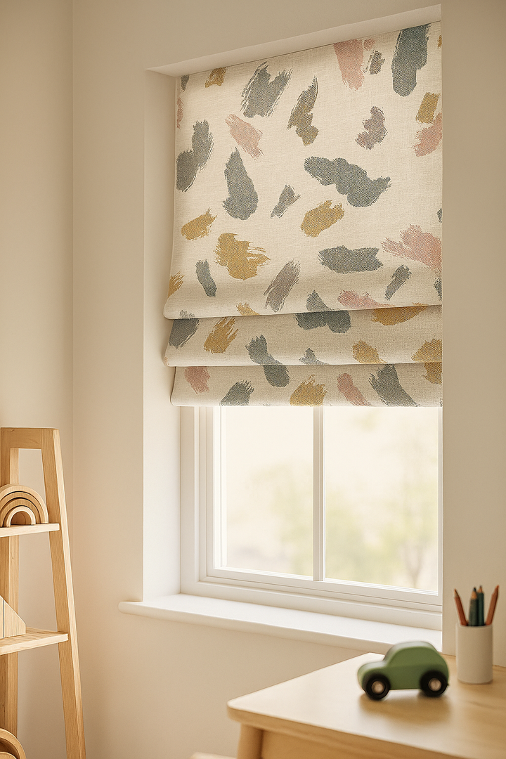 Pastel Brushstroke Pure Linen Roman Blind – Made-to-Measure Kids & Nursery | Light-Filter or Blackout