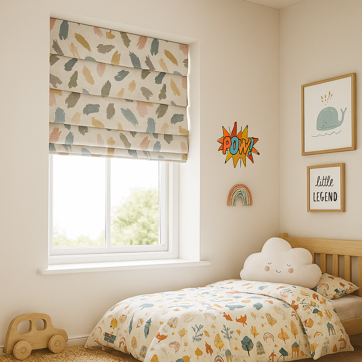 Pastel Brushstroke Pure Linen Roman Blind – Made-to-Measure Kids & Nursery | Light-Filter or Blackout