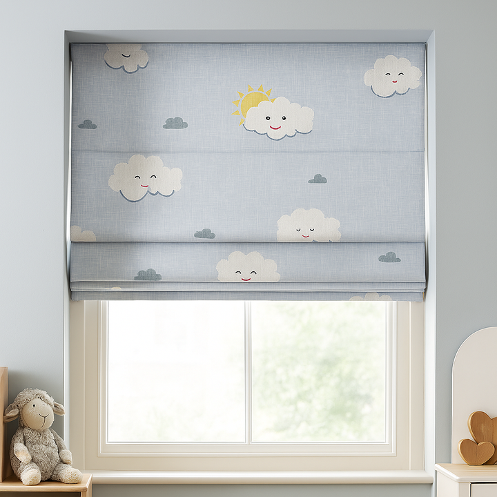 Happy Cloud & Sunshine Blue Linen Roman Blind – Made-to-Measure Kids & Nursery | Light-Filter or Blackout