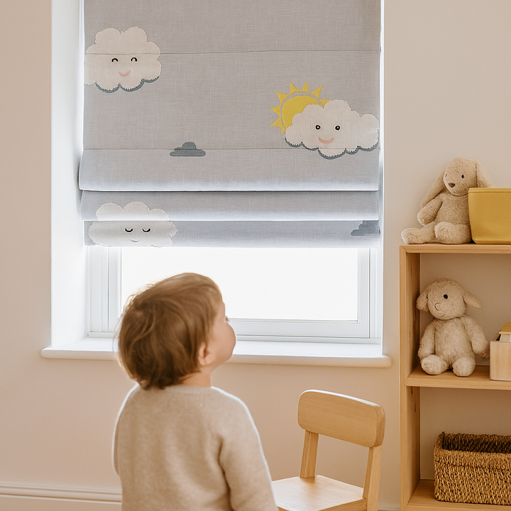 Happy Cloud & Sunshine Blue Linen Roman Blind – Made-to-Measure Kids & Nursery | Light-Filter or Blackout