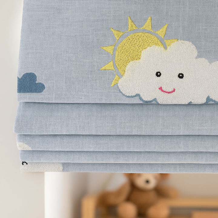 Happy Cloud & Sunshine Blue Linen Roman Blind – Made-to-Measure Kids & Nursery | Light-Filter or Blackout