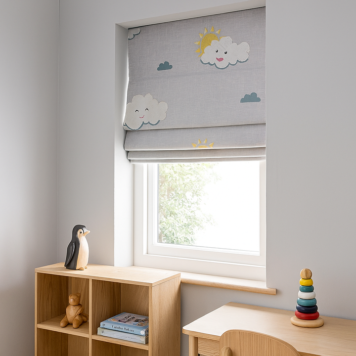 Happy Cloud & Sunshine Blue Linen Roman Blind – Made-to-Measure Kids & Nursery | Light-Filter or Blackout