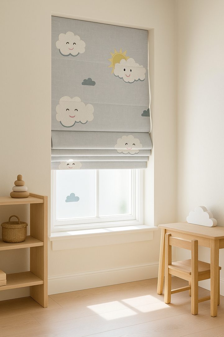 Happy Cloud & Sunshine Blue Linen Roman Blind – Made-to-Measure Kids & Nursery | Light-Filter or Blackout