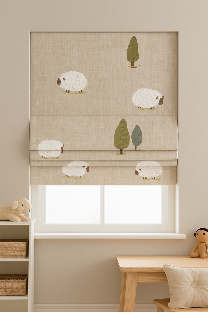 Little Lambs Beige Linen Roman Blind – Made-to-Measure Kids & Nursery | Light-Filter or Blackout