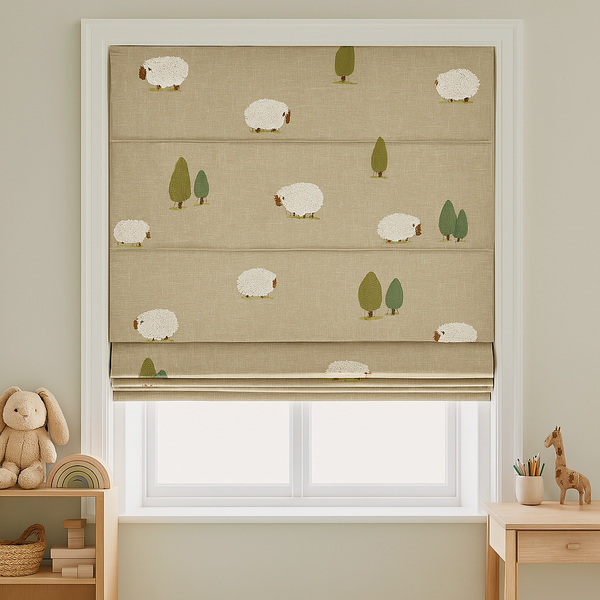 Little Lambs Beige Linen Roman Blind – Made-to-Measure Kids & Nursery | Light-Filter or Blackout