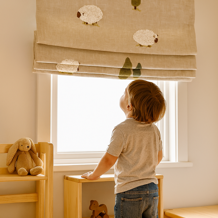 Little Lambs Beige Linen Roman Blind – Made-to-Measure Kids & Nursery | Light-Filter or Blackout