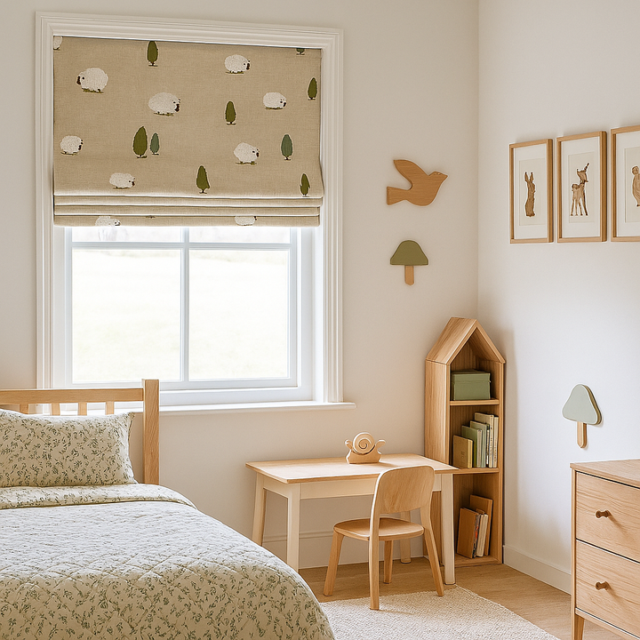 Little Lambs Beige Linen Roman Blind – Made-to-Measure Kids & Nursery | Light-Filter or Blackout