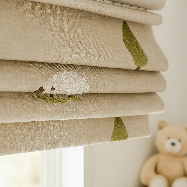 Little Lambs Beige Linen Roman Blind – Made-to-Measure Kids & Nursery | Light-Filter or Blackout