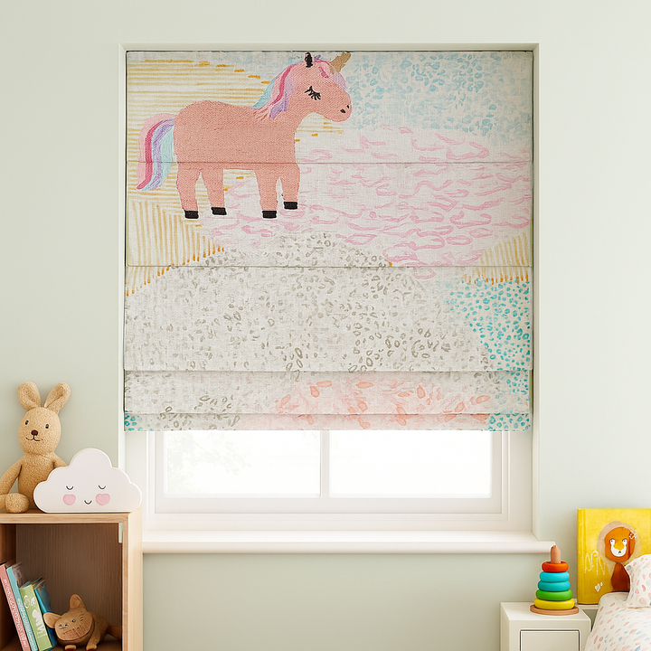 Pastel Unicorn Pure Linen Roman Blind – Made-to-Measure Kids & Nursery | Light-Filter or Blackout