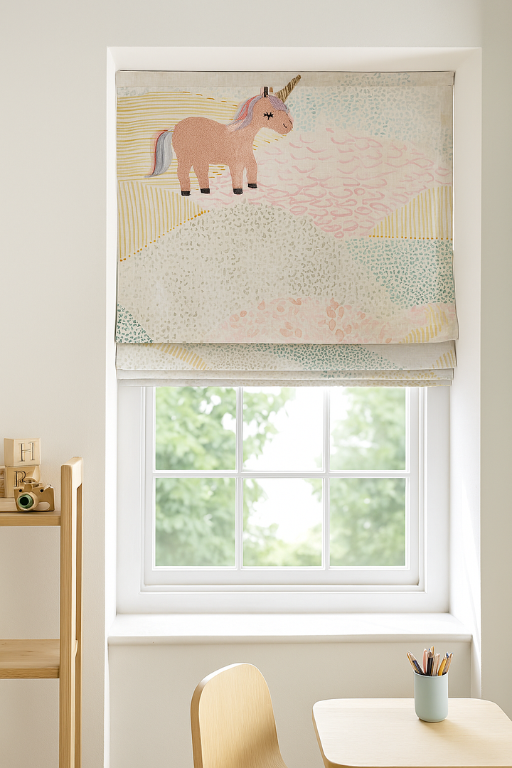Pastel Unicorn Pure Linen Roman Blind – Made-to-Measure Kids & Nursery | Light-Filter or Blackout