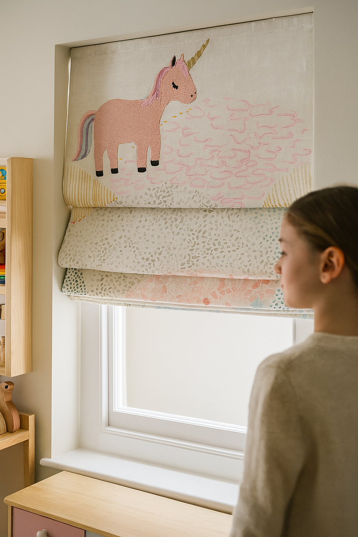 Pastel Unicorn Pure Linen Roman Blind – Made-to-Measure Kids & Nursery | Light-Filter or Blackout